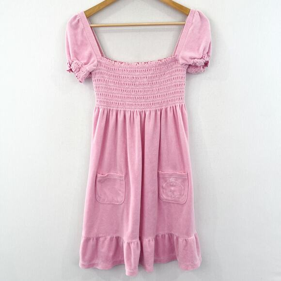 Juicy Couture Y2K Smocked Terrycloth Babydoll Dress Small Pink Puff Sleeve - Picture 1 of 6